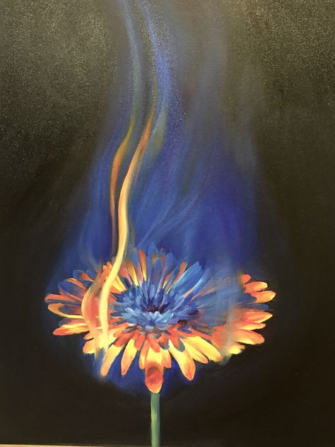 Blue Flower, Paintings, Paint, Orange, Yellow, Blue, Art