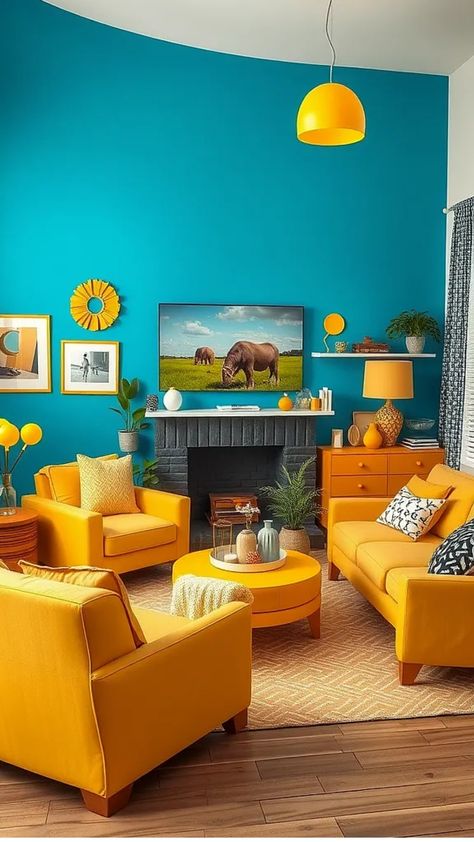 Bright living room with yellow furniture, teal walls, a TV above the fireplace, and decorative items. Color Living Room Ideas, Blue Living Room Decor Ideas, Blue Sofa Living Room Ideas, Living Room Ideas Elegant, Living Room Ideas For Men, Blue Sofa Living Room, Room Ideas Elegant, Living Room Ideas Blue, Room Ideas Blue