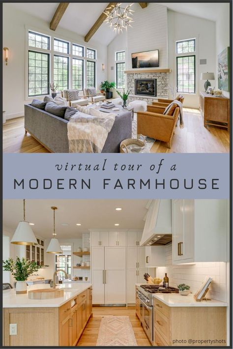 Open Floor Plan Living Room And Kitchen Farmhouse Cathedral Ceilings, Farm Modern Kitchen, Modern Farmhouse Tour, Modern Farmhouse Great Room, Modern Farmhouse Ideas, Farmhouse Style Lighting, Rustic Home Interiors, American Farmhouse, Farmhouse Light Fixtures