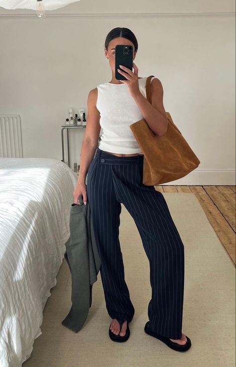 Pin Stripe Pants Outfit, Blue Striped Pants Outfit, Pinstripe Trousers Outfit, Striped Trousers Outfit, Pinstripe Pants Outfit, Navy Pants Outfit, Stripe Pants Outfit, Zara Knit Top, Striped Wide Leg Trousers