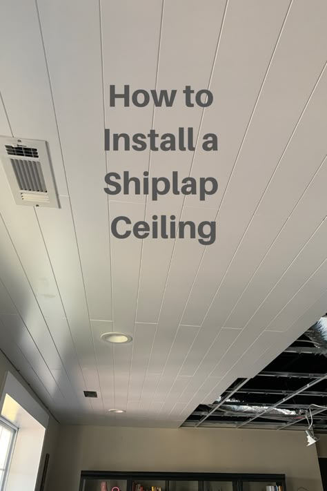 How to install a shiplap ceiling using Armstrong Woodhaven wood planks. This easy DIY will give your ceiling a farmhouse look and feel. It is installed on a drop ceiling grid ceiling. #howto #armstrong #woodhaven #shiplap #ceiling #DIY #howto #install #installation #installing #stepbystep #dropceiling #shiplapceiling #farmhouse #renovate #woodplanks Farmhouse Drop Ceiling, Ideas For Drop Ceiling Tiles, Shiplap Drop Ceiling, Hide Drop Ceiling Tiles, Drop Ceiling Makeover Cheap Basement, Drop Down Ceiling Tiles, Wood Drop Ceiling Ideas, Cheap Ceiling Ideas Diy Kitchen, Drop Ceiling Alternatives Basement