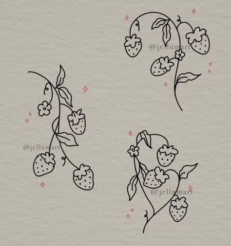 Floral Stick And Poke Tattoo, Strawberry Tree Tattoo, One Line Shell Tattoo, Small Strawberry Tattoo Simple, Strawberry And Blueberry Tattoo, Cute Fruit Tattoos, Minimalist Doodle Tattoo, Stick Season Tattoo, Strawberry Tattoo Simple