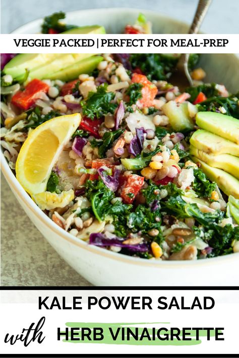 Kale And Bell Pepper Recipes, Roasted Veggie Kale Salad, Kale And Goat Cheese Salad, Kale Red Cabbage Salad Recipes, Kale Power Salad, Kalesalad Kale Salad Recipes, Easy Kale Recipes, Avocado Goat Cheese, Kale Recipes Healthy