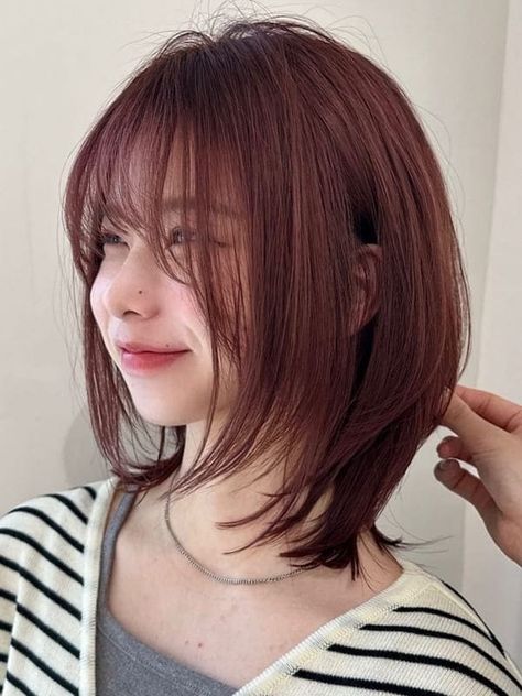 Red Brown Hair Makeup, Red Hair Color Short Haircuts, Short Brownish Red Hair, Hair Color For Round Face, Short Hair Red Color, Haircut Short Hair Korean, Red Hair Ideas For Short Hair, Short Hair Korean Style Round Face, Haircut Short Medium