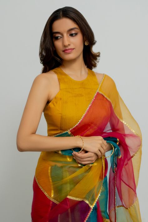 Blouse Design For Organza Silk Saree, Rainbow Saree, Srilankan Bride, Isha Borah, Multicolor Saree, Traditional Blouse Designs, Gotta Work, Fashionable Saree Blouse Designs, Modern Saree