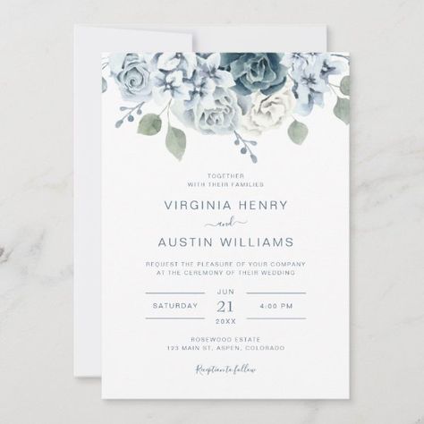 Elegant Floral Dusty Blue Wedding Invitation Dusty Blue Wedding Invitation, Dusty Blue Wedding Invitations, Sage Green Leaves, Botanical Wedding Invitation, Blue Floral Wedding, Green Invitations, Blue Wedding Invitation, Spring Wedding Invitations, Botanical Wedding Invitations