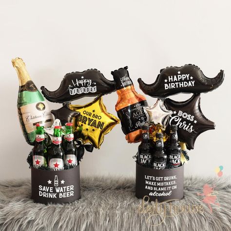 Raise a toast & throw a truly hoppin' party with these Beer balloon hampers for just 325k 🍻🖤🎉 Just because we need to save water and drink beer!🍺#deityhouse #BeerBalloonHampers #mustacheballoon #decoration #partydecor #dekor #peralatanparty #pastelballoon #balonfoil Beer Balloon Bouquet, Beer Balloon Decor, Alcohol Hamper, Beer Balloon, Beer Hampers, Balloon Hat, Bouquet Box, Beer Birthday, Pastel Balloons