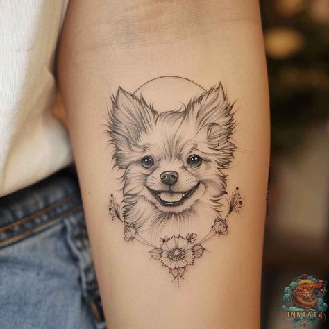 Small Pet Portrait Tattoo, Cartoon Dog Tattoo, Yorkie Tattoo, Dogs Tattoos, Small Dog Tattoo, Pet Portrait Tattoo, Paw Tattoos, Pet Tattoo Ideas, Small Dog Tattoos