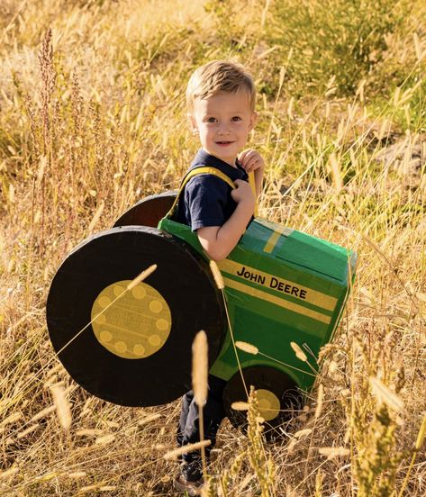 DIY Tractor Cardboard & Duct Tape Kids Costume — em victory studio Tractor Costume, Duct Tape Costumes, Monster Truck Costume, Cardboard Truck, Mario Kart Costumes, Farm Costumes, Stroller Costume, Diy Tractor, Boys Halloween Costumes Diy