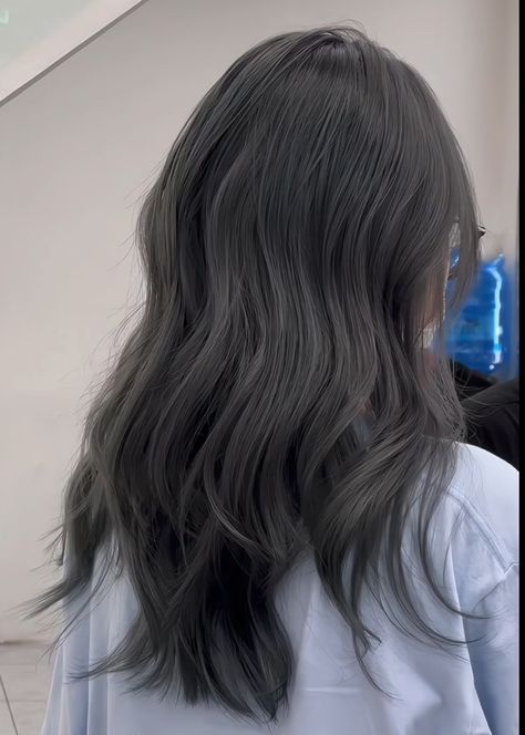 Greyish Black Hair, Milk Tea Gray Hair Color, Grey Hair Asian, Smokey Hair Color, Silver Dyed Hair, Ashy Black Hair, Dark Ash Hair, Ash Black Hair, Charcoal Hair Color