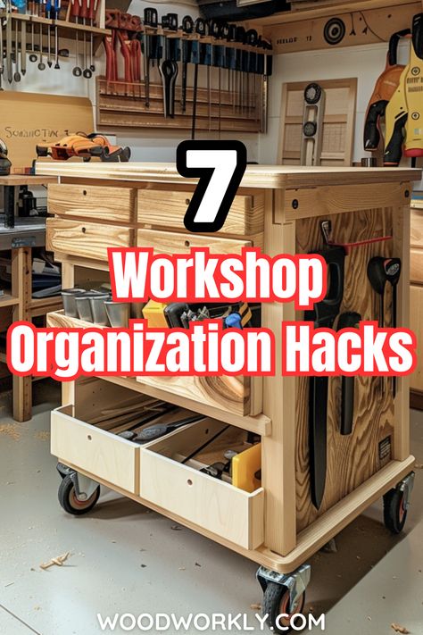 Discover clever organization hacks for your woodworking workshop! Learn space-saving tips, storage solutions, and create a more efficient workspace. Streamline your woodworking projects with these expert tips! 🛠️ #WorkshopOrganization #WoodworkingTips #DIYProjects #HomeImprovement #Woodworkers Tool Storage Cabinets Diy, Milwaukee Workshop Storage, Diy Workshop Organization Ideas, Dream Workshop Woodworking, Mancave Workshop Ideas, Wood Workshop Organization, Diy Tool Cart Ideas, Upholstery Workshop Layout, Wood Shop Work Table