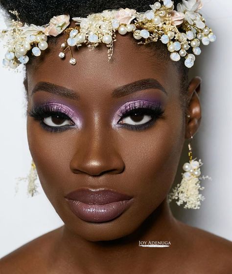 Lavender Eye Makeup Black Women, Purple Eye Looks Makeup Ideas, Bridal Makeup Lavender, Lavender Make Up Eye Makeup, Purple Silver Makeup Look, Lilac Bridal Makeup, Lavender Bridal Makeup, Lavander Makeup Look, Lavender Makeup Looks Prom