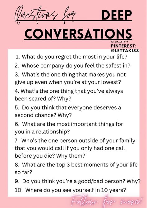 questions for deep conversations Question For Deep Conversation, Topics For Deep Conversation, Couple Deep Talk Questions, Conversation Starters When Meeting New People, Deep And Meaningful Questions, Questions For Deeper Connection, Deeper Conversation For Couples, Friendly Conversation Starters, Casual Conversation Topics