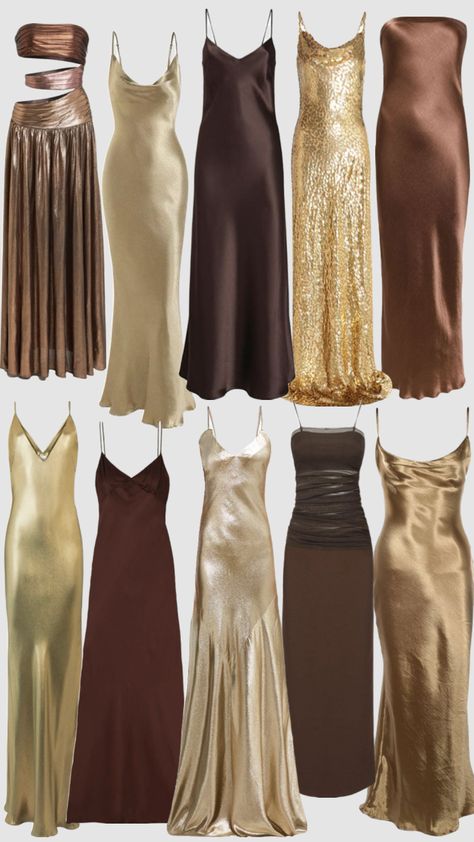 Bronze dresses 🤎⚜️ Bronze Party Dress, Bronze Dress Outfit Wedding, Different Brown Bridesmaid Dresses, Autumn Bridesmaids Dresses, Brown Tone Bridesmaid Dresses, All Shades Of Brown Wedding, Different Shades Of Brown Bridesmaid Dresses, Black And Brown Bridesmaid Dresses, Romantic Wedding Bridesmaid Dresses