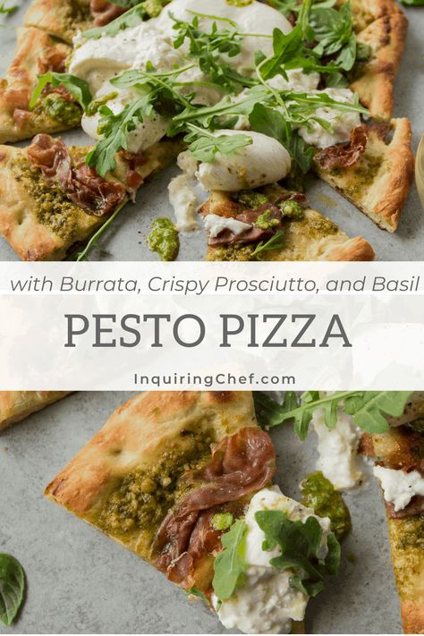 Pizza With Pesto, Pesto Burrata, Fresh Basil Pesto, Burrata Pizza, Fancy Pizza, Prosciutto Pizza, Crispy Prosciutto, Night Recipes, Pesto Pizza