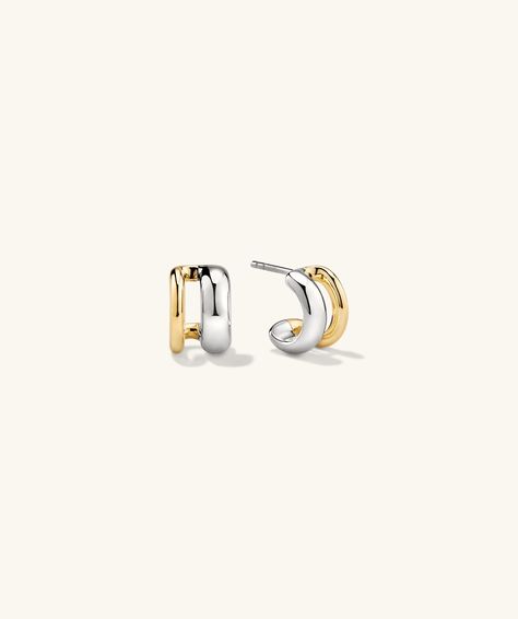 18k Gold Vermeil and Sterling Silver Duet Mixed Huggie Hoop Earrings - Jewelry | Mejuri Earring Stacks Mixed Metal, Gold And Silver Earrings Mixing, Mixed Metal Earring Stack, Mixing Metals Jewelry, Match Jewelry, Mixed Metal Earrings, Gold Earrings For Women, Mixed Metal Jewelry, Gold Ear Cuff