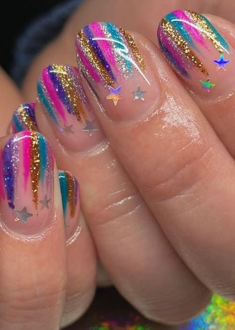 New Years Nails Colorful, Fireworks Nails Design New Years, Celebration Nail Designs, Colorful New Years Nails, New Years Nails For Kids, Disco Nail Ideas, Birthday Manicure Ideas, Fireworks On Nails, Birthday Nails January