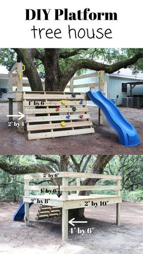 DIY platform TREE HOUSE with a simple tutorial on how you can create your own tree house like this one. Good for all ages. #DIYtreehouse, #treehouse, #platformtreehouse Platform Tree House, Pallet Tree Houses, Simple Tree House, Backyard Fort, Kids Forts, Play Area Backyard, Backyard Kids Play Area, Tree House Plans, Tree House Diy