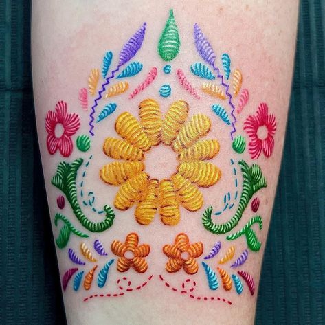 Mexican Flower Embroidery Tattoo, Mexican Design Tattoo, Latin Embroidery, Mexican Heritage Tattoos For Women, Crochet Tattoo Ideas, Mexican Embroidery Tattoo, Mexican Heritage Tattoos, Tile Tattoo, Embroidered Tattoo