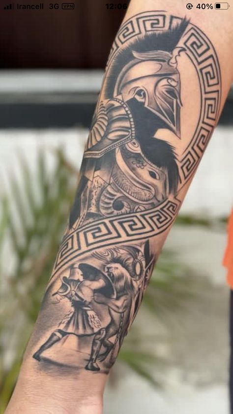 Greek Gods Tattoos For Men, Roman Arm Tattoo, Roman Theme Tattoo, Italian Tattoos Men, Full Forearm Sleeve, Roman Tattoo Sleeve, Spartan Forearm Tattoo, Spartan Tattoo Forearm, German Tattoo For Men