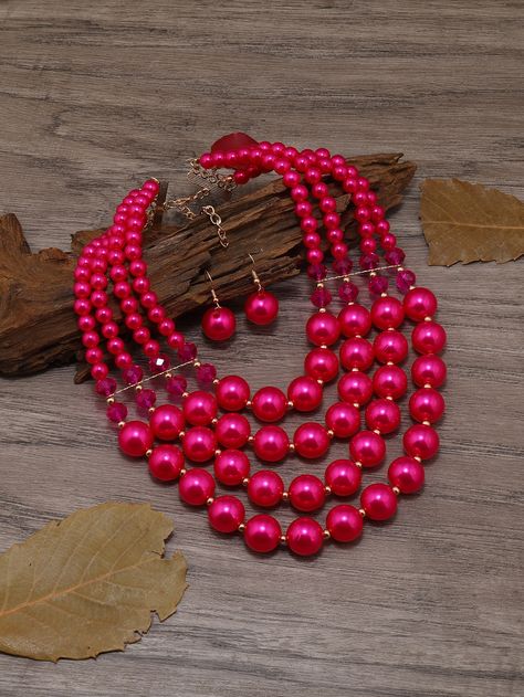 Hot Pink Fashionable Collar     Embellished   Jewelry Layered Beaded Necklace, Layered Beaded Necklaces, Women's Jewelry Sets, Layered Necklace, Layered Necklaces, Women's Jewelry, Jewelry Sets, Hot Pink, Statement Necklace