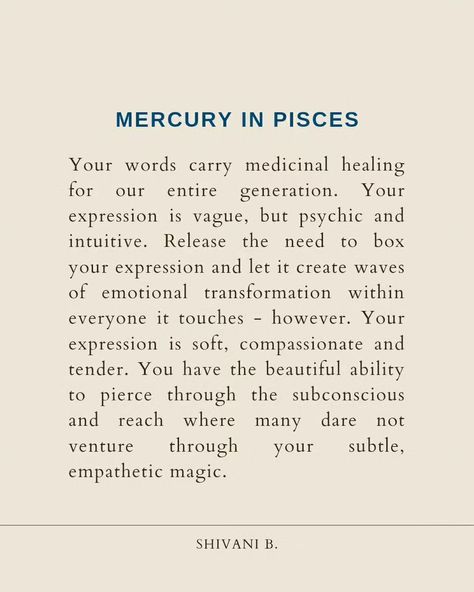 Two water mercuries interacting can be the most beautiful thing on this planet or the most volatile thing 😅😅 water mercuries really struggle with perceptions of reality (hi, im a mercury pisces 🐟) and well just the fact that there are multi dimensions to float on and which one are they on today - you just never know!! 🧚🏼‍♀️ Nonetheless, they bring SO MUCH BEAUTY, EMPATHY AND COMPASSION with their expression. If they get to feel safe with you, they can be honest with their feelings and gift yo... Mercury In Scorpio Aesthetic, Mercury Pisces, Pisces Mercury, Mercury In Pisces, Empathy And Compassion, Tarot Reading Spreads, Free Birth Chart, Astrology Tips, Leo Rising