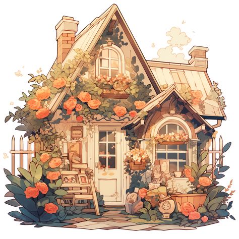 Cozy Cottage with Flowers in Rustic and Cottagecore Style Sticker Cartoon Cottagecore Aesthetic, Rustic Cottage Core Aesthetic, Cute Cozy Illustration, Town Art Illustration, Witch Cottage Illustration, Cottage Home Drawing, Cottage Illustration Simple, Cottagecore Aesthetic Illustration, Cottage House Concept Art