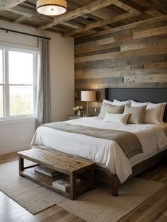 Accent Wall Vaulted Ceiling, Bedroom Sets Ideas, Vaulted Bedroom, Farmhouse Bedroom Set, Bedroom Accent Wall, Cabin Room, Wooden Accent Wall, Rustic Farmhouse Bedroom, Sleek Furniture