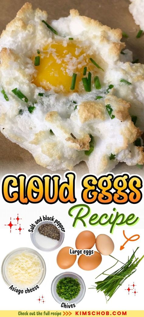 Take your eggs to new heights with this Tasty Cloud Eggs Recipe! Imagine light and fluffy whipped egg whites baked into dreamy "clouds" that cradle a runny yolk. Packed with melty cheese and fresh chives, this recipe is a delightful and impressive breakfast option that's surprisingly easy to make. Fluffy Baked Eggs, Garlic Butta Eggs Recipe, Cloud Eggs Recipes, Whipped Eggs, Impressive Breakfast, Boil Egg, Recipe With Cheese, Cloud Eggs, Whipped Egg Whites