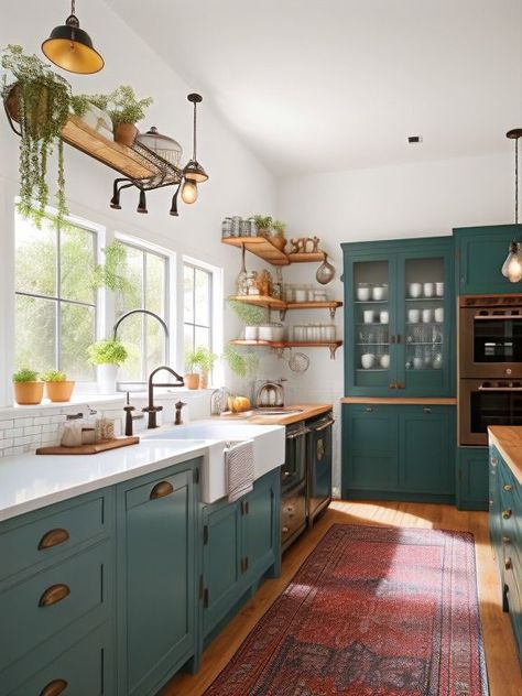 Mcm Green Kitchen, Shallow Kitchen Cabinets, Teal And Yellow Kitchen, Teal Farmhouse Kitchen, New Build Kitchen Ideas, Old School Kitchen, Kitchen Painting Ideas, Teal Kitchen Cabinets, Colorful Kitchen Ideas