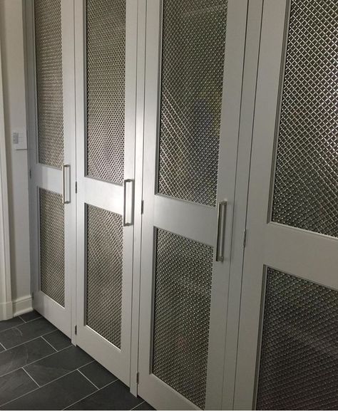 Mesh grille closet doors inset chicken wire Wire Mesh Pantry Doors, Screen Door Closet Doors, Furnace Closet Ideas, Mesh Wardrobe Doors, Furnace Door Ideas, Wire Mesh Doors, Ventilated Pantry Door, Vented Doors For Furnace Room, Furnace Room Door Ideas