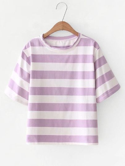 Contrast Wide-Striped T-shirt -SheIn(Sheinside) Purple And White Striped Shirt, Purple Striped Shirt, Strawberry Shortcake Costume, Base Clothing, Pretty Clothing, Bike Girl, White Stripes Shirt, Stripe Tee, Pastel Stripes