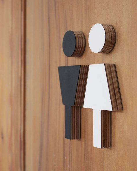 Male Female Bathroom Signs, Female Toilet Interior, White Signage Design, Toilet Wayfinding, Plywood Signage, Toilet Signage Design, Wayfinding Architecture, Toilet Pictogram, Washroom Signage