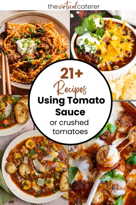 Are you wondering what to make with all those cans of crushed tomatoes or all that tomato sauce you have in your pantry?  Here is a great list of dishes you can make with tomato sauce or crushed tomatoes. We've got everything from easy weeknight dinners to hearty, comforting slow-cooked dishes. Jarred Tomato Sauce Recipe, Tomato Sauce Uses Meals, Can Crushed Tomatoes Recipes, Recipes Using Canned Tomato Sauce, Things To Make With Tomato Sauce, Meals With Tomato Sauce, Tomato Sauce Uses, Uses For Tomato Sauce, Whole Tomato Recipes