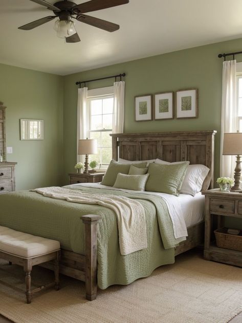 Create a farmhouse-inspired bedroom by painting one wall a refreshing shade of green. Complete the look with rustic wooden furniture, a cozy quilted bedspread, and charming farmhouse decor. Sage Green Bedroom Decor, Green Bedroom Decor Ideas, Green Room Ideas Bedroom, Sage Green Bedroom Ideas, Green Bedroom Ideas, Rustic Farmhouse Bedroom, Country Bedroom Decor, Green Bedroom Decor, Green Accent Walls