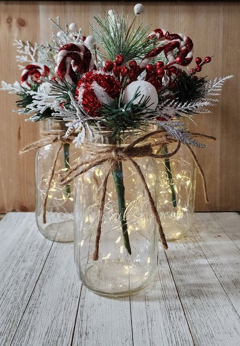 Classic Candy Cane Christmas Mason Jar With Fairy Lights, Holiday Table Centerpiece, Party Event Decor, Winter Wedding, Seasonal Gift - Etsy Christmas Centerpieces Lights, Mason Jar Christmas Table Decor, Backyard Christmas Wedding Ideas, Winter Wedding Shower Decorations, Cheap Christmas Wedding Ideas, Winter Wedding Shower Ideas Decoration, December Wedding Table Centerpieces, Mason Jar Holiday Centerpieces, Christmas Fairy Lights Decoration