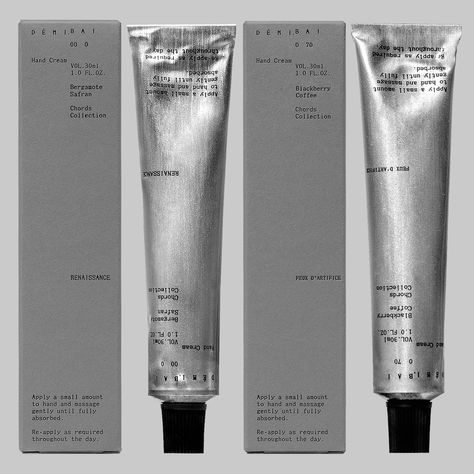 Han Gao’s design for Démi Bai uses cold metallics, tiny type and a systematic grid, to embrace the product’s natural transformation through use. Hand Cream Packaging, Layout Editorial, Brand Identity Package, Raw Color, Identity Package, Its Nice That, Cosmetic Packaging, Design Language, New Energy