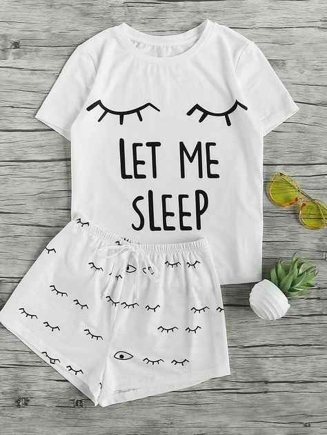 Closed Eyes Print Tee And Shorts Pajama Set -SheIn(Sheinside) Cute Pyjama, Let Me Sleep, Shorts Pajama Set, Sleep Clothes, Cute Pjs, Shop Justice, Cute Sleepwear, Cute Pajama Sets, Pajama Outfits