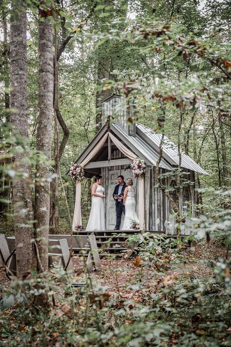 Woodland adventure elopement at Chapel in the Hollow Chapel In The Woods Wedding, Wooden Chapel Wedding, Gatlinburg Wedding Elope, Small Chapel Wedding, Backyard Chapel, Tiny Churches, Wedding Field, Arkansas Chapel In The Woods, Sacred Ceremony