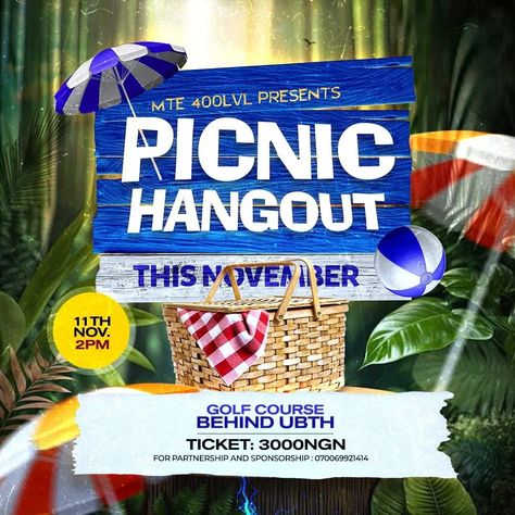 Flyer Design For Picnic Hangout Hangout Poster Design, Picnic Flyer Design, Hangout Flyer Design, Homecoming Flyer Ideas, Picnic Background, Picnic Design, Graphics Board, Photoshop Lessons, Park Games