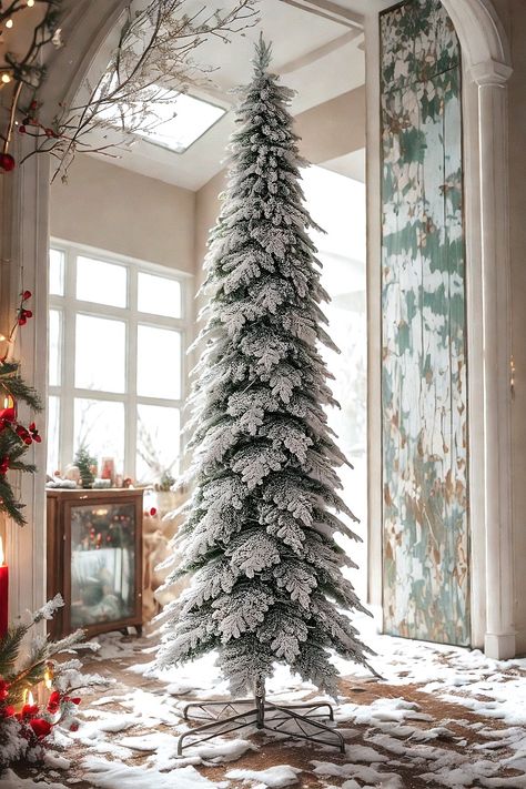 Glitzhome 11ft Pre-Lit Flocked Pencil Spruce Artificial Christmas Tree with 700 Warm White Lights and Sturdy Metal Stand for Home, Office, Party Decoration Slim Christmas Tree, Warm White Lights, Pencil Christmas Tree, White Lights, Metal Stand, Office Party, Artificial Christmas Tree, Decoration Home, Flocking