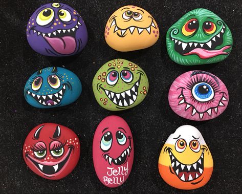 Stone Monster Art, Rock Painting Monsters, Monster Rocks Painted, Painted Rock Faces, Monster Rock Painting, Rock Monster, Monster Faces, Monster Rocks, Garden Rock Art