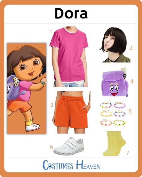 With the Dora costume, you will be ready to embark on an epic journey and take on quests all over the world. #dora #doratheexplorer #doracostume #cosplay #halloweencostume #costumesheaven #costumeguide #costume #cosplayguide Cartoon Characters Costume, Easy Costumes Women, Dora The Explorer Costume, Dora Costume, Dora Backpack, Dora Outfits, Book Characters Dress Up, Cartoon Fancy Dress, Cartoon Halloween Costumes