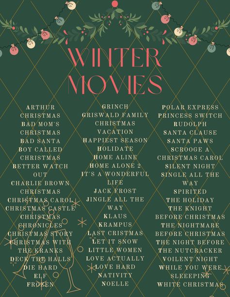 Winter Movie Marathon, December Movie Challenge, Lifetime Christmas Movies, Christmas Movies Romance, Movies For Winter, Best Winter Movies, Christmas Movies List Aesthetic, January Movie List, Winter Movie Bucket List