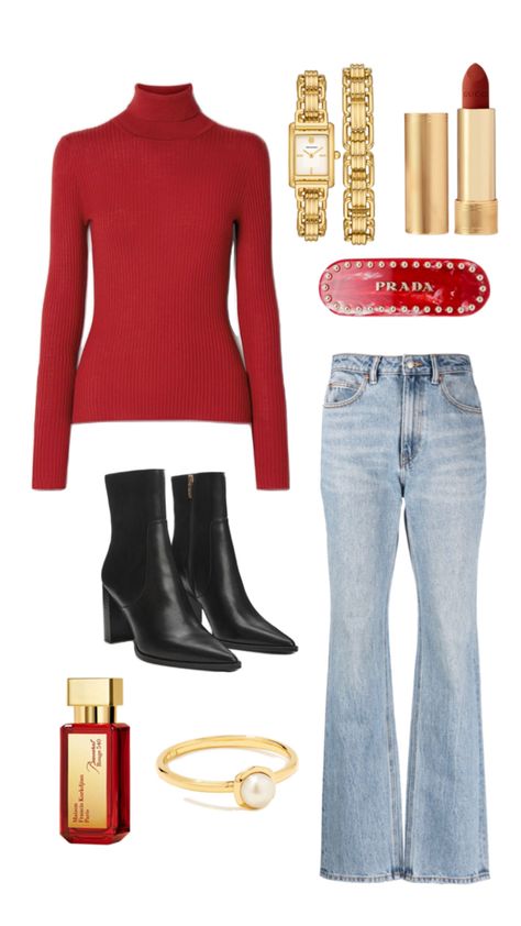 Red turtle neck outfit with black boots, flared jeans, gold jewellery #fashion #fashionmoodboard #fashionstyle #vintagestyle #oldmoneystyle #classystyle #fashioninspo #clothesinspo #collegeoutfits #universityoutfit #nightoutoutfit #partyoutfit #casualoutfit #casual #casualstyle #classyoutfit #heels #heelsout #bootsoutfit #chicoutfit #schooloutfit #dayoutfit #sweateroutfit #jumperoutfit #dressoutfit #dress #sequintop #top #clothesinspo #sweedishstyle #oldmoney #goldjewellery Red Turtle Neck Outfit, Red Turtleneck Outfit, Outfit With Black Boots, Turtle Neck Outfit, October Outfits, Turtleneck Outfit, Jumper Outfit, Red Turtleneck, Night Out Outfit