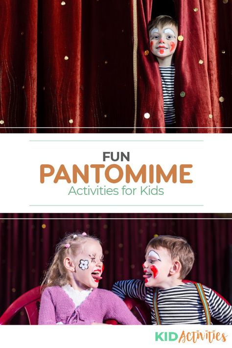 A collection of fun pantomime ideas for kids. Great for drama class. #KidActivities #KidGames #ActivitiesForKids #FunForKids #IdeasForKids Drama Activities For Preschool, Performance Art Ideas, Pantomime Ideas, Theater Camp, Drama For Kids, Drama Activities, Teaching Drama, Drama Class, Theatre Geek