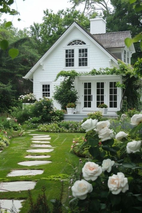 (99+) Image reblogged from @isabellaevamara – @emergent-totality on Tumblr All White Cottage Exterior, Colonial Cottage Exterior, Classic Small House, White Stone House Exterior, White House Exterior Ideas, White Craftsman House, White House Architecture, White Cottage Exterior, Exterior House Options