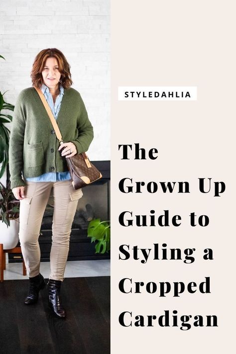 Button Down With Cardigan, Green Cropped Cardigan Outfit, Cropped Cardigan Outfit Winter, How To Style A Cropped Cardigan, Green Cardigan Outfit Aesthetic, Green Cardigan Outfits, T Shirt And Cardigan Outfit, Taupe Cardigan Outfit, Cardigan Outfit Women