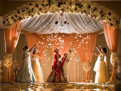 Follow Maharani Weddings' guide to everything you need to know when attending your first Indian wedding. Mandap Ideas, Hindu Wedding Decorations, Indoor Wedding Decorations, Mandap Design, Indian Wedding Theme, Hall Decorations, Wedding Hall Decorations, South Delhi, Marriage Decoration