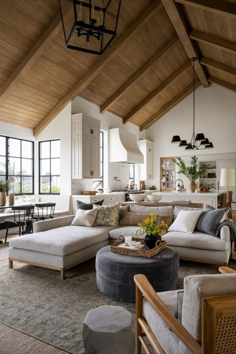 Sofa Styles 101 - Studio McGee Rustic Clean Home Decor, Studio Mcgee Mountain Home, Modern Cottage Home Design, Old Coastal Homes, Living Room Mezzanine, California Farmhouse, Vaulted Ceiling Ideas, Modern Cottage Homes, Sofa Styles